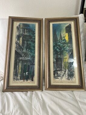 Pair of Framed Cityscape Prints in Teal and Gold Tones by artist Cheri Bloom.